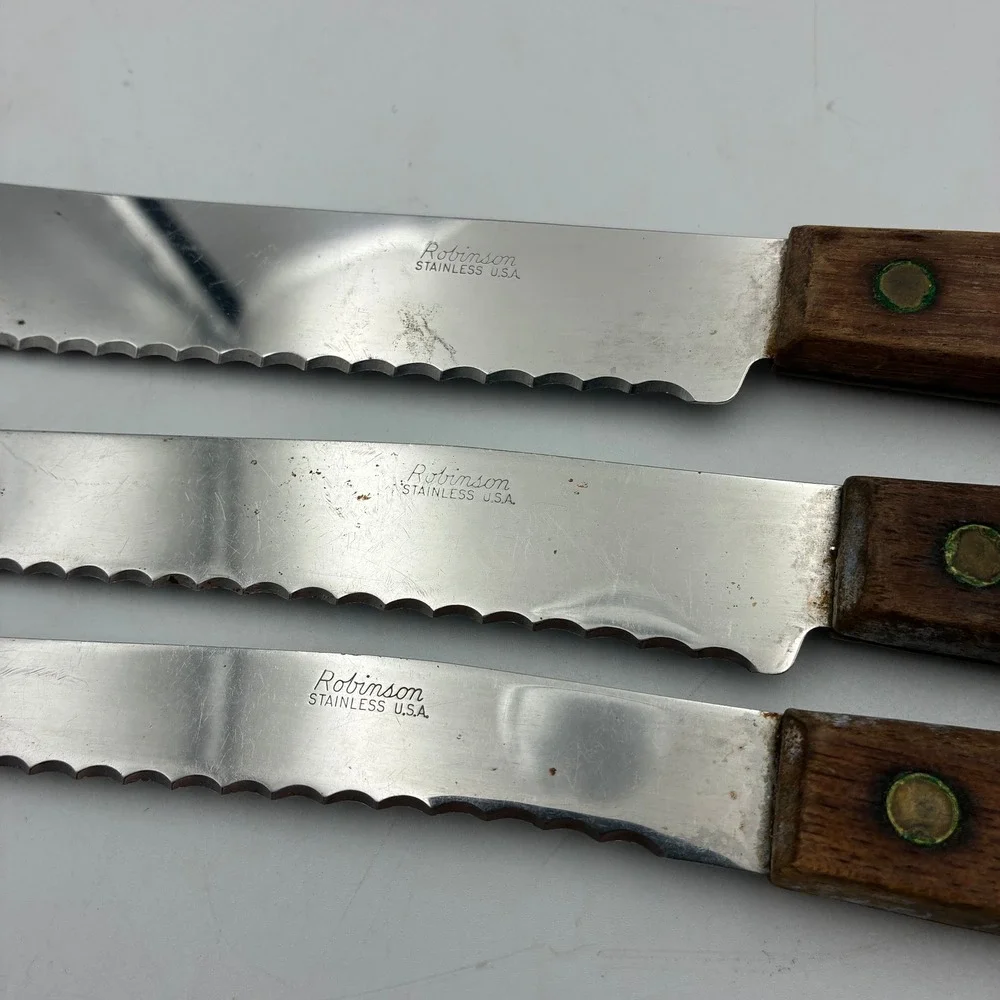 Robinson Stainless USA Knives Set Lot of 3 Vintage Wood Handle Serrated